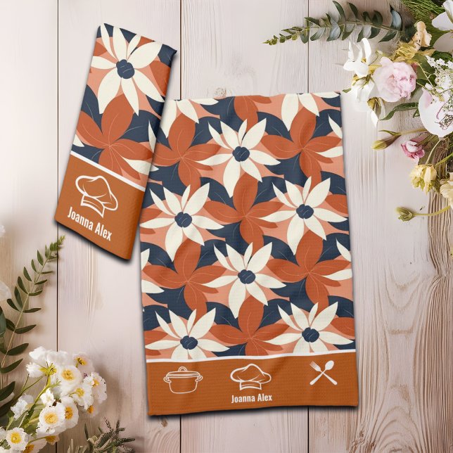 Custom Terracotta White Floral Elegante Geschirrtuch (Von Creator hochgeladen)