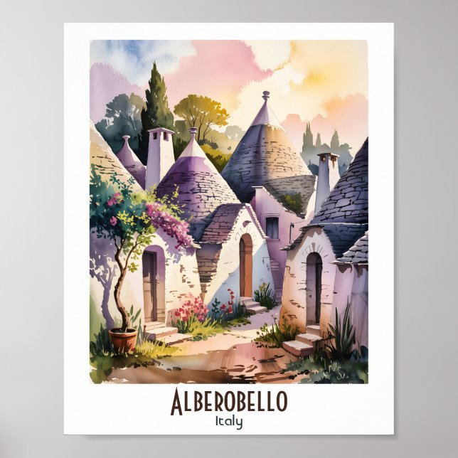 Custom Text Alberobello Italy Trulli Watercolor Poster (Vorne)