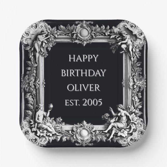 custom text baroque frame stylish white on black  pappteller (Vorderseite)