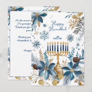 Custom text Blue Blossom Hanukkah Menorah Feiertagskarte