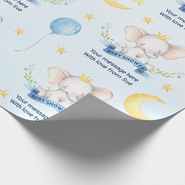 Custom Text Blue Watercolor Elephant Baby Dusche Geschenkpapier (Ecke)