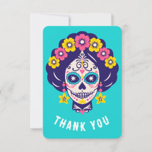 Custom Text Bright Floral Sugar Skull Girl Dankeskarte