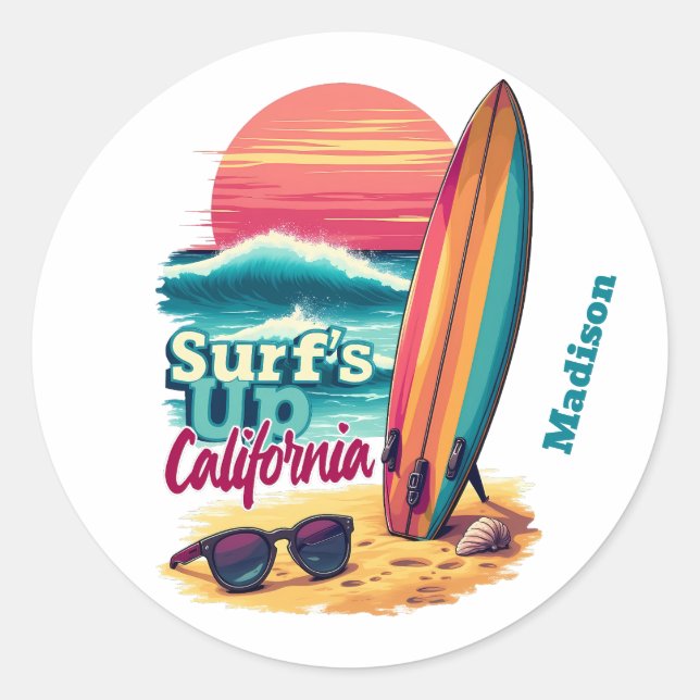 Custom Text California Surfing Runder Aufkleber (Vorderseite)