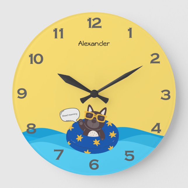 Custom Text Cartoon Hund Gelb Große Wanduhr (Vorderseite)