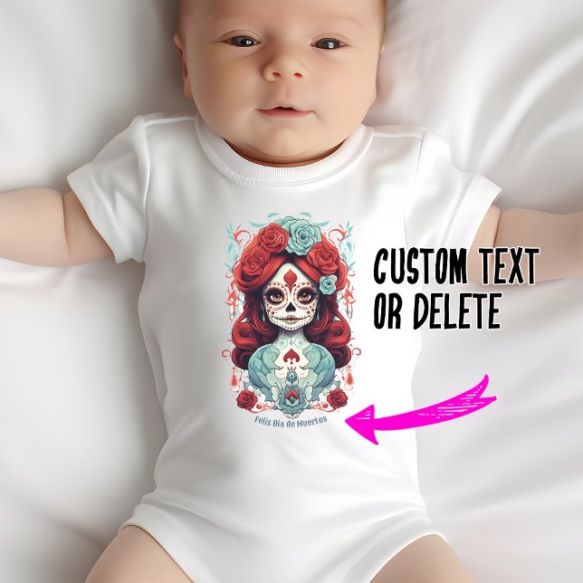 Custom text Dia de Muertos ☠️ La Calavera Catrina Baby Strampler (Cute La Calavera Catrina baby body suit with customizable text)