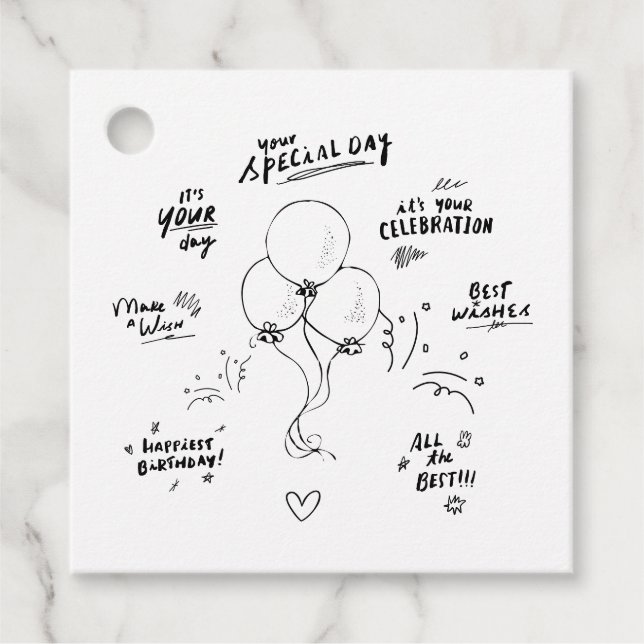 Custom Text Doodle Modern Balloon Happy Birthday Geschenkanhänger (Vorderseite)