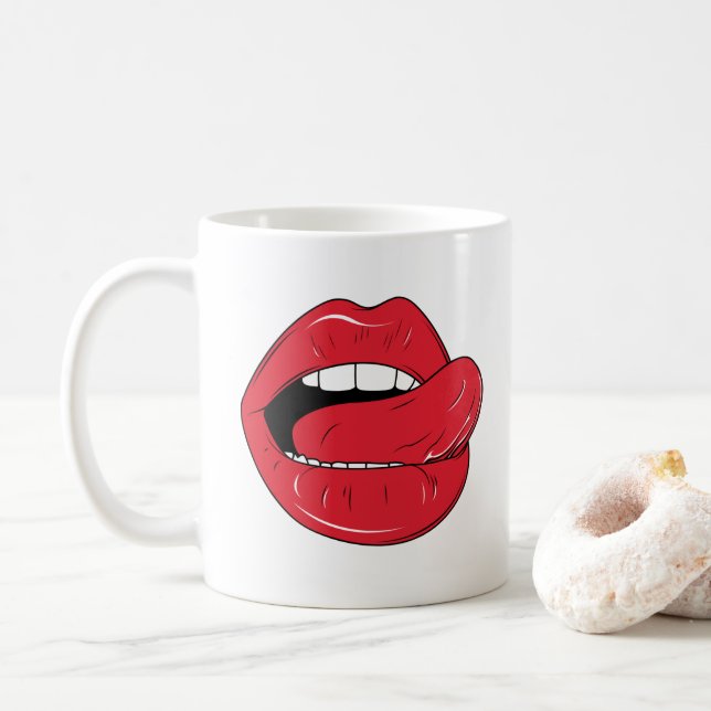 Custom Text Funny Red Lips Cartoon Mouth Kaffeetasse (Mit Donut)