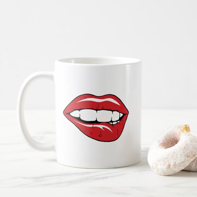 Custom Text Funny Red Lips Cartoon Mouth Kaffeetasse (Mit Donut)