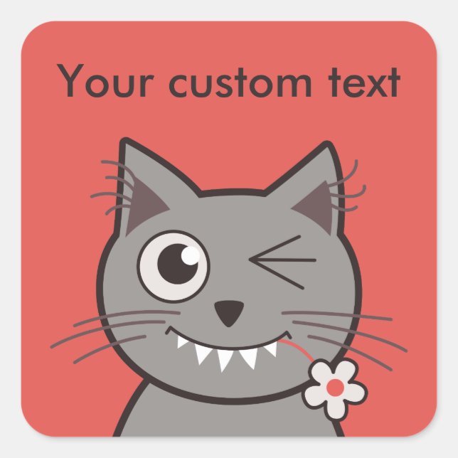 Custom Text Funny Winking Cartoon Kitty Cat Quadratischer Aufkleber (Vorderseite)