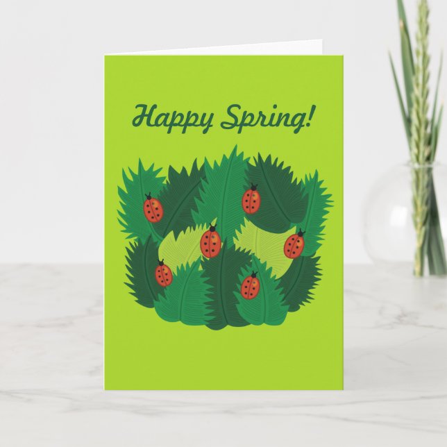 Custom Text Green Blätter und Ladybugs Happy Sprin Karte (Vorderseite)