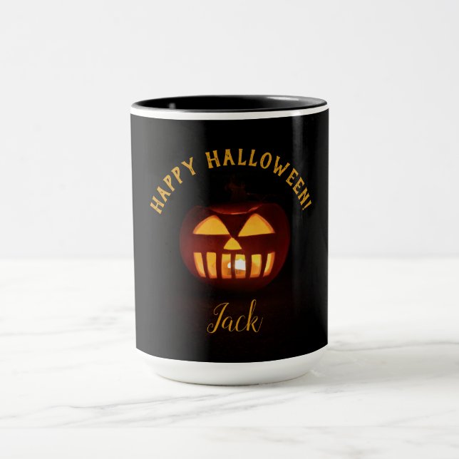 Custom Text Happy Halloween Spooky Orange Pumpkin Tasse (Zentrum)