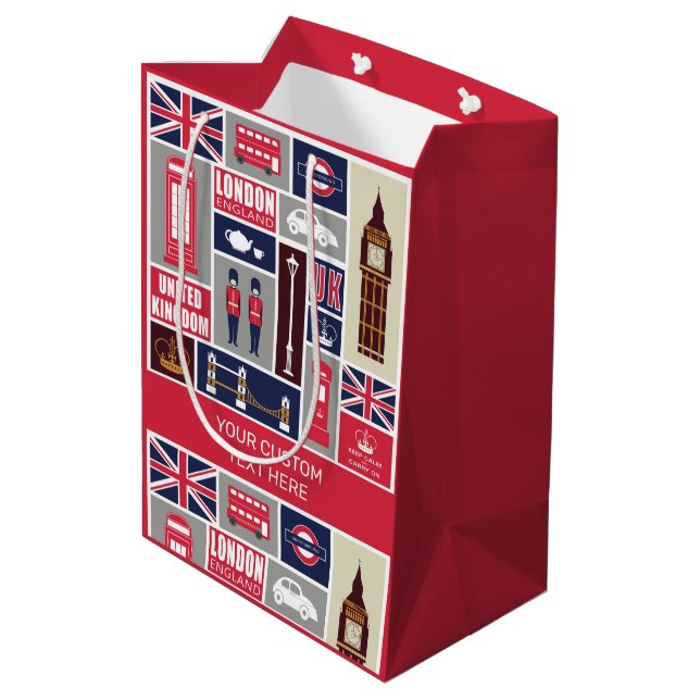 Custom Text London UK Icons Mittlere Geschenktüte (Rückseite Schrägansicht)