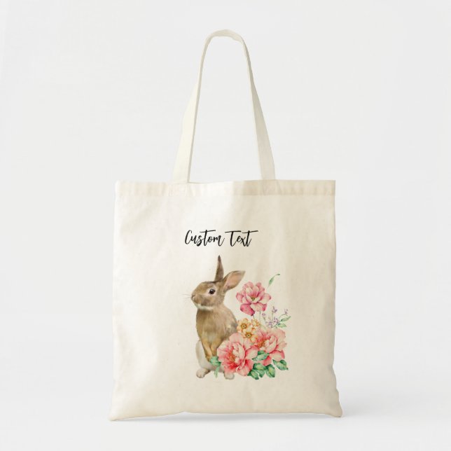 CUSTOM TEXT - Moderner Osterhase + Blume Tragetasche (Vorne)