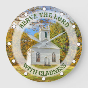 Custom Text New England Church im Herbst Große Wanduhr