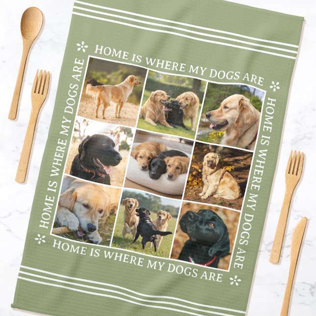 Custom Text Photo Collage Pet Dog Earthy Green Geschirrtuch (Von Creator hochgeladen)