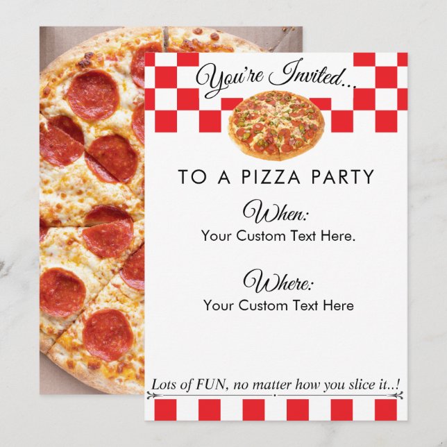 Custom Text Pizza Party|Fun Red White Schachbrett Einladung (Vorne/Hinten)