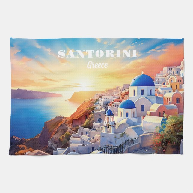 Custom Text Santorini Griechenland Sunset Geschirrtuch (Horizontal)