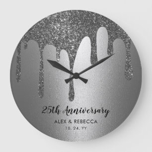 Custom Text Silver Drips 25th Wedding Anniversary Große Wanduhr