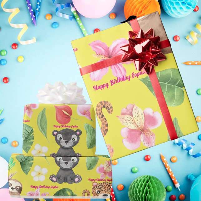 Custom Text Tropical Baby Animals Kindergeburtstag Geschenkpapier (Von Creator hochgeladen)