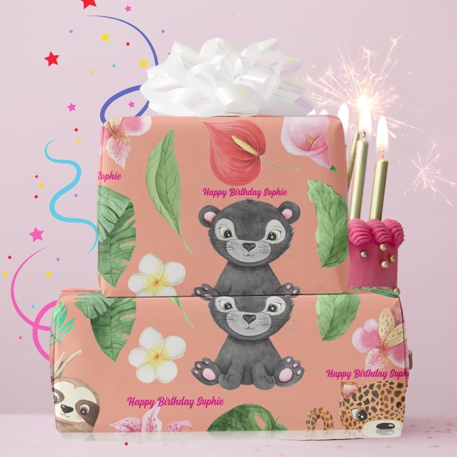 Custom Text Tropical Baby Animals Kindergeburtstag Geschenkpapier (Von Creator hochgeladen)