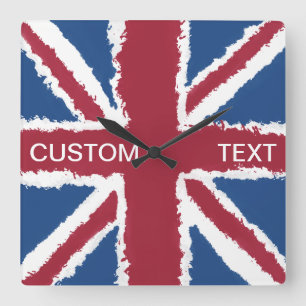 Custom Text Union Jack Flag Art von Heva Weva Quadratische Wanduhr