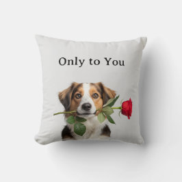custom text valentine dog holding rose portrait kissen