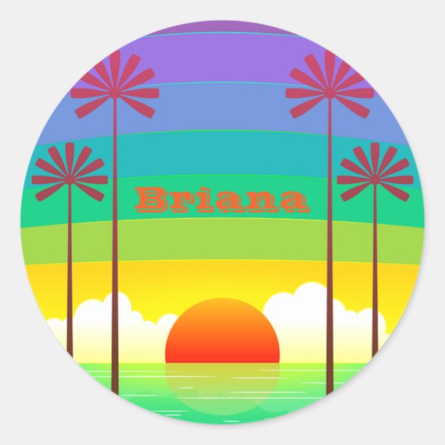 Custom Text Vintag Summer Sunset Beach Palmen Runder Aufkleber (Vorderseite)