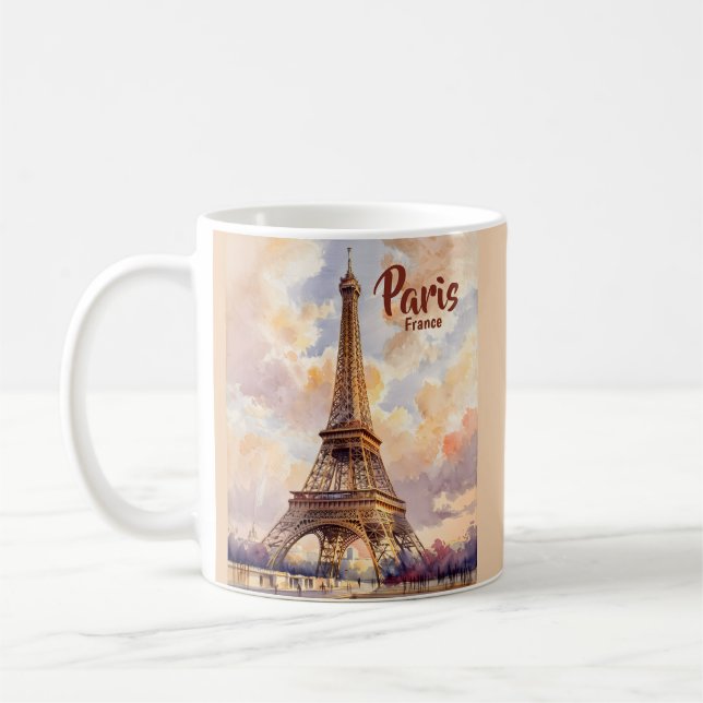 Custom Text Watercolor Eiffel Tower Sunset Travel Kaffeetasse (Links)