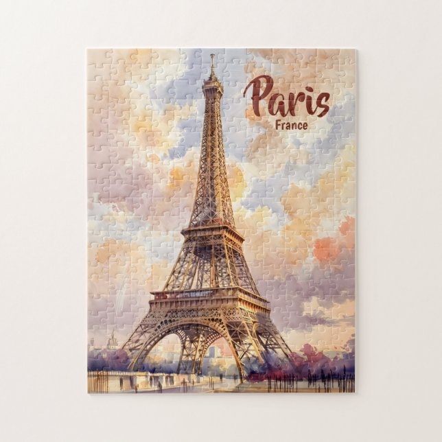 Custom Text Watercolor Eiffel Tower Sunset Travel Puzzle (Vertikal)
