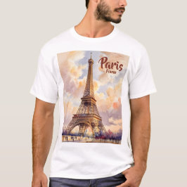 Custom Text Watercolor Eiffel Tower Sunset Travel T-Shirt