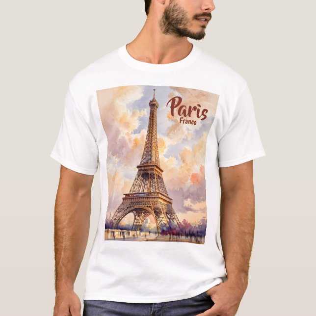 Custom Text Watercolor Eiffel Tower Sunset Travel T-Shirt (Vorderseite)