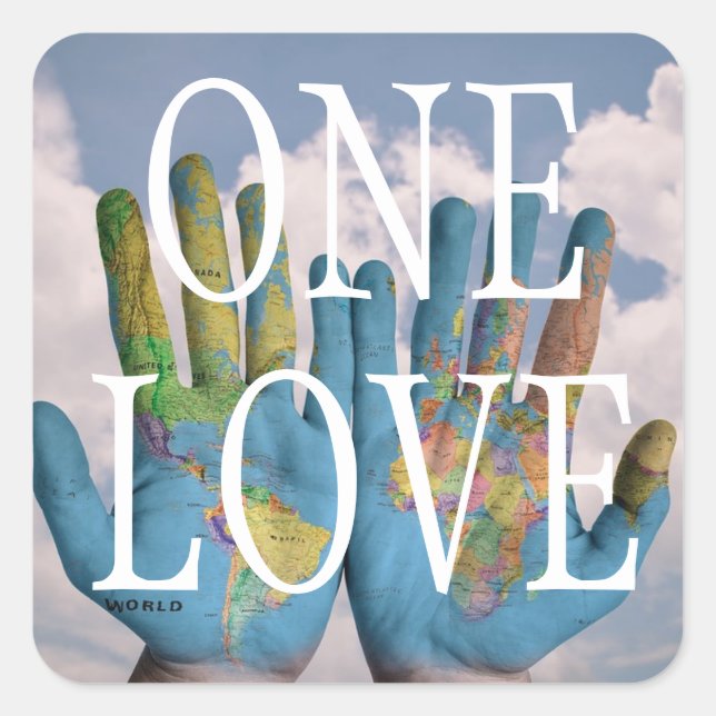Custom Text World Peace Globe Map auf Hand One Lie Quadratischer Aufkleber (Vorderseite)