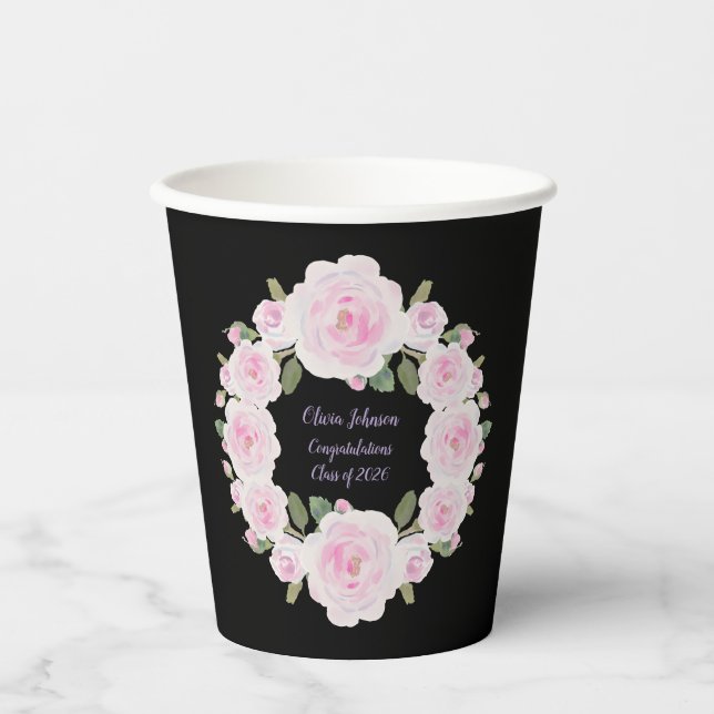 Custom Texts Pink Rose Wreath Paper Cup Graduation Pappbecher (Vorderseite)
