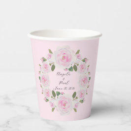 Custom Texts Pink Roses Wreath Paper Cups Wedding Pappbecher