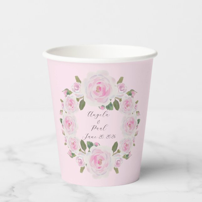 Custom Texts Pink Roses Wreath Paper Cups Wedding Pappbecher (Vorderseite)