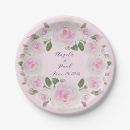 Custom Texts Pink Roses Wreath Paper Plate Wedding Pappteller