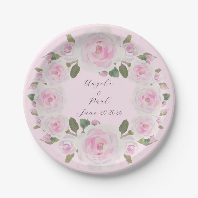 Custom Texts Pink Roses Wreath Paper Plate Wedding Pappteller (Vorderseite)