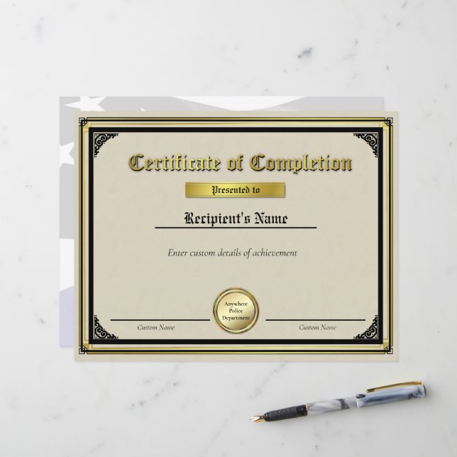 Custom Thin Blue Line Gold Siegel Certificate (Vorderseite/Rückseite Beispiel)