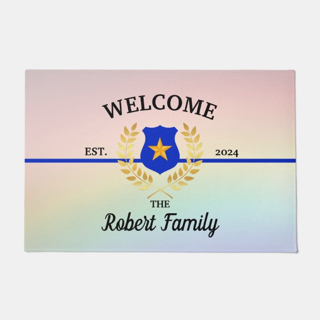 Custom Thin Blue Line Police Abzeichen Willkommen  Fußmatte (Vorderseite)