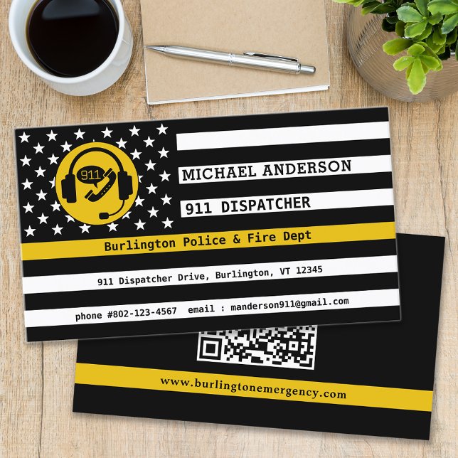 Custom Thin Gold Line Flag QR Code 911 Dispatcher Visitenkarte (Von Creator hochgeladen)