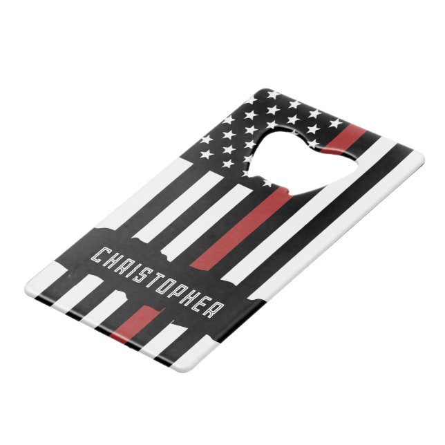 Custom Thin Red Line USA Flag Firefighter Geldbeutel Flaschenöffner (Vorderseite Schrägansicht)