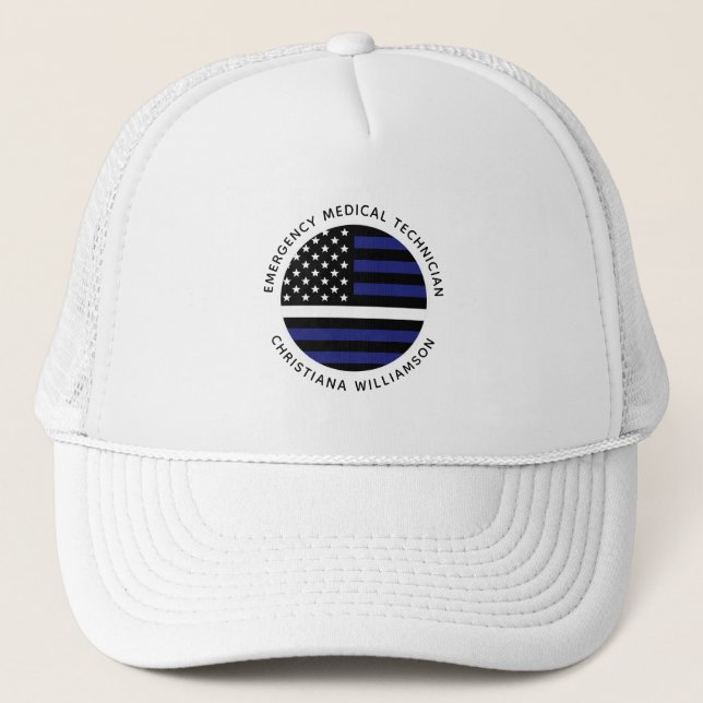 Custom Thin White Line USA Flag EMS EMT Truckerkappe (Vorderseite)