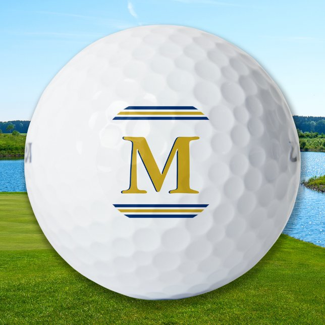 Custom Three Strip Monogram Golfer Blue Gold Golfball (Von Creator hochgeladen)