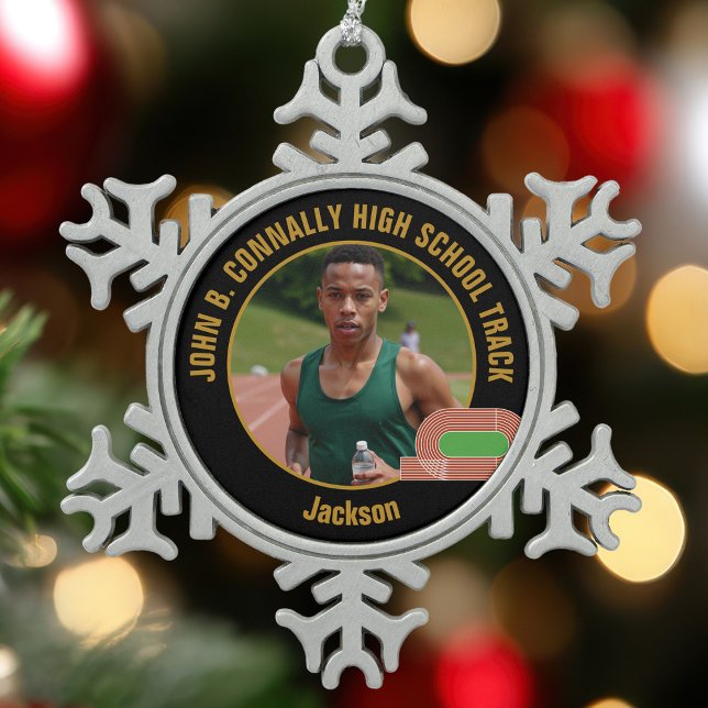 Custom Track & Field Photo High School Runner Schneeflocken Zinn-Ornament (Von Creator hochgeladen)