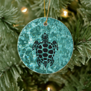 Custom Tribal Sea Turtle Aqua Blue Keramik Ornament