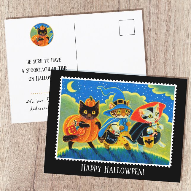 Custom Trick oder Treat Halloween Cat Hexe Postkarte (Von Creator hochgeladen)