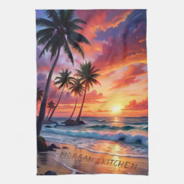 Custom Tropical Beach Sunset | Küstenkunst Geschirrtuch