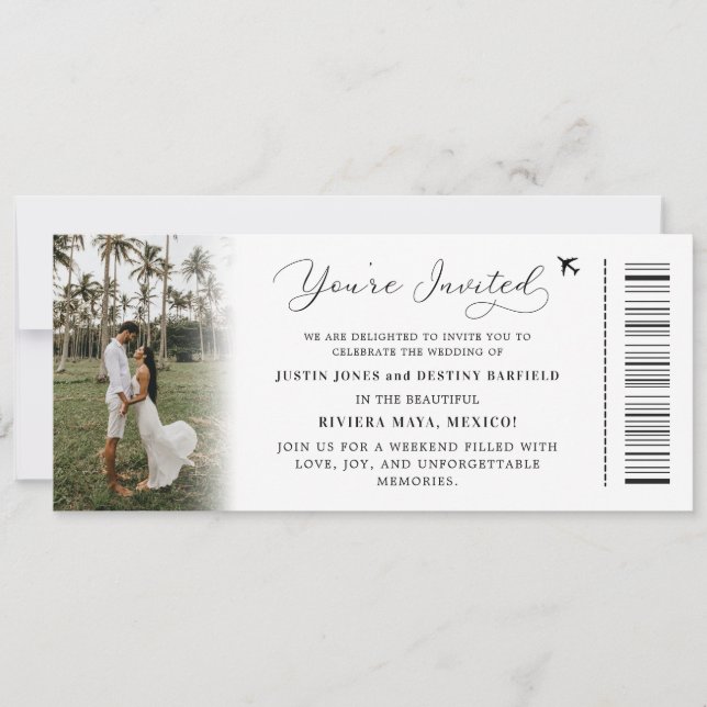 Custom Tropical Destination Boarding Pass Hochzeit Einladung (Vorderseite)