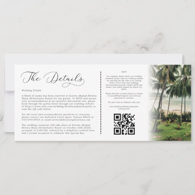 Custom Tropical Destination Boarding Pass Hochzeit Einladung (Rückseite)