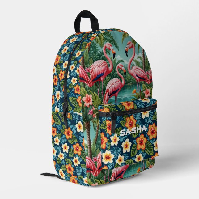Custom Tropical Flamingo Hawaiian Backpack Bedruckter Rucksack (Rückseitige Ecke links)